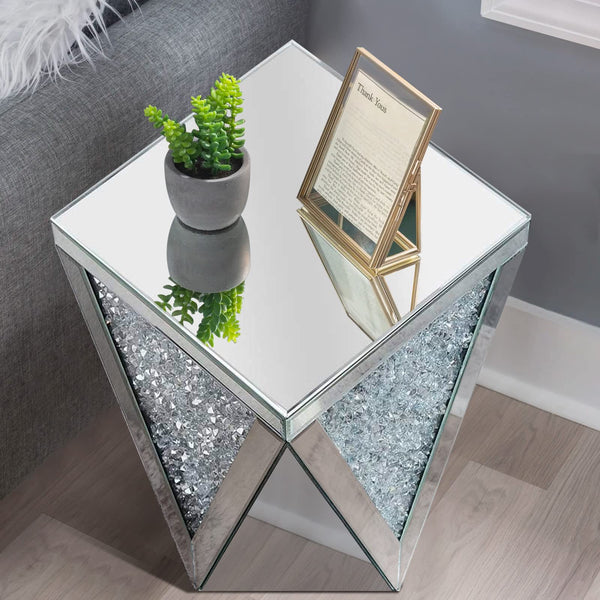 Mirrored End Table with Crystal Inlay – Silver Accent Side Table