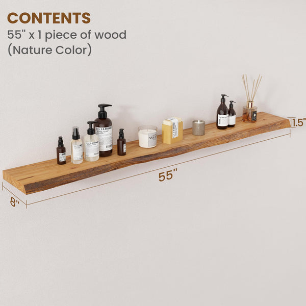 Live Edge Elm Wood Floating Wall Shelf 55 Inch