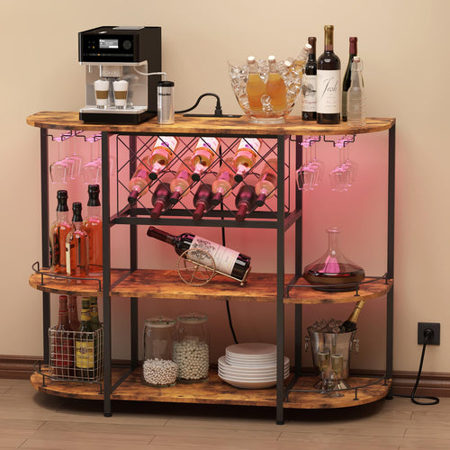3-Tier Wine Cabinet Bar Cart with LED Light & Power Outlet