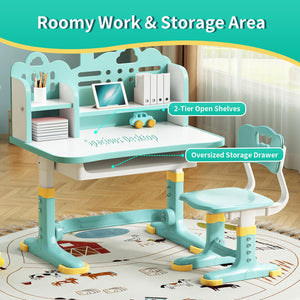 Height Adjustable Kids Desk & Chair Set – Storage Drawer, Castle Backboard, Ages 3–12