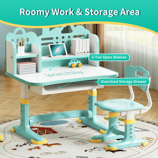 Height Adjustable Kids Desk & Chair Set – Storage Drawer, Castle Backboard, Ages 3–12