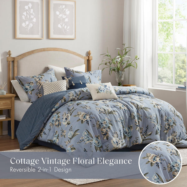 Vintage Floral Reversible Comforter Set – 7 Piece Bedding
