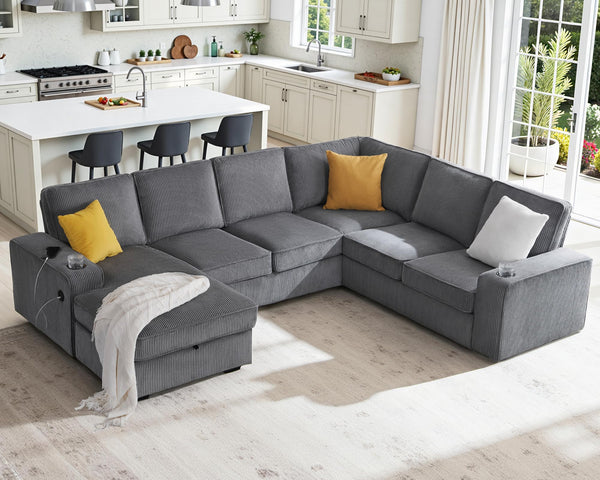 U-Shaped Sectional Sofa with Storage Chaise & Charging Ports