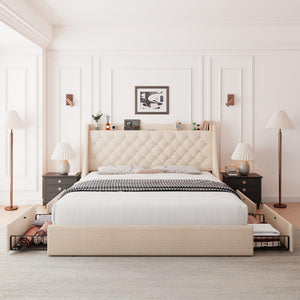 Upholstered Bed Frame with Storage Drawers & Charging Station