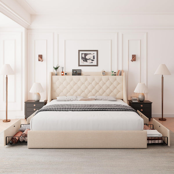Upholstered Bed Frame with Storage Drawers & Charging Station