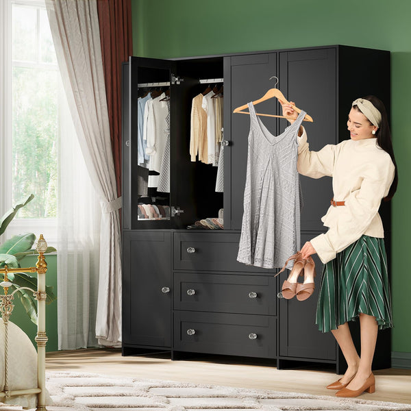 Armoire Wardrobe Closet with Mirror, Drawers & Hanging Rod