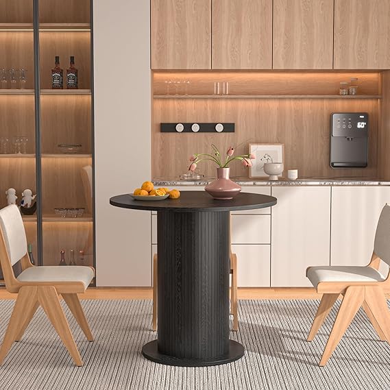 59 inch Round Dining Table for 6, Modern Farmhouse Kitchen Table, Circle Dining Tables with Wood Strip Base for Kitchen Living Room (Big Adjustable Walnut)