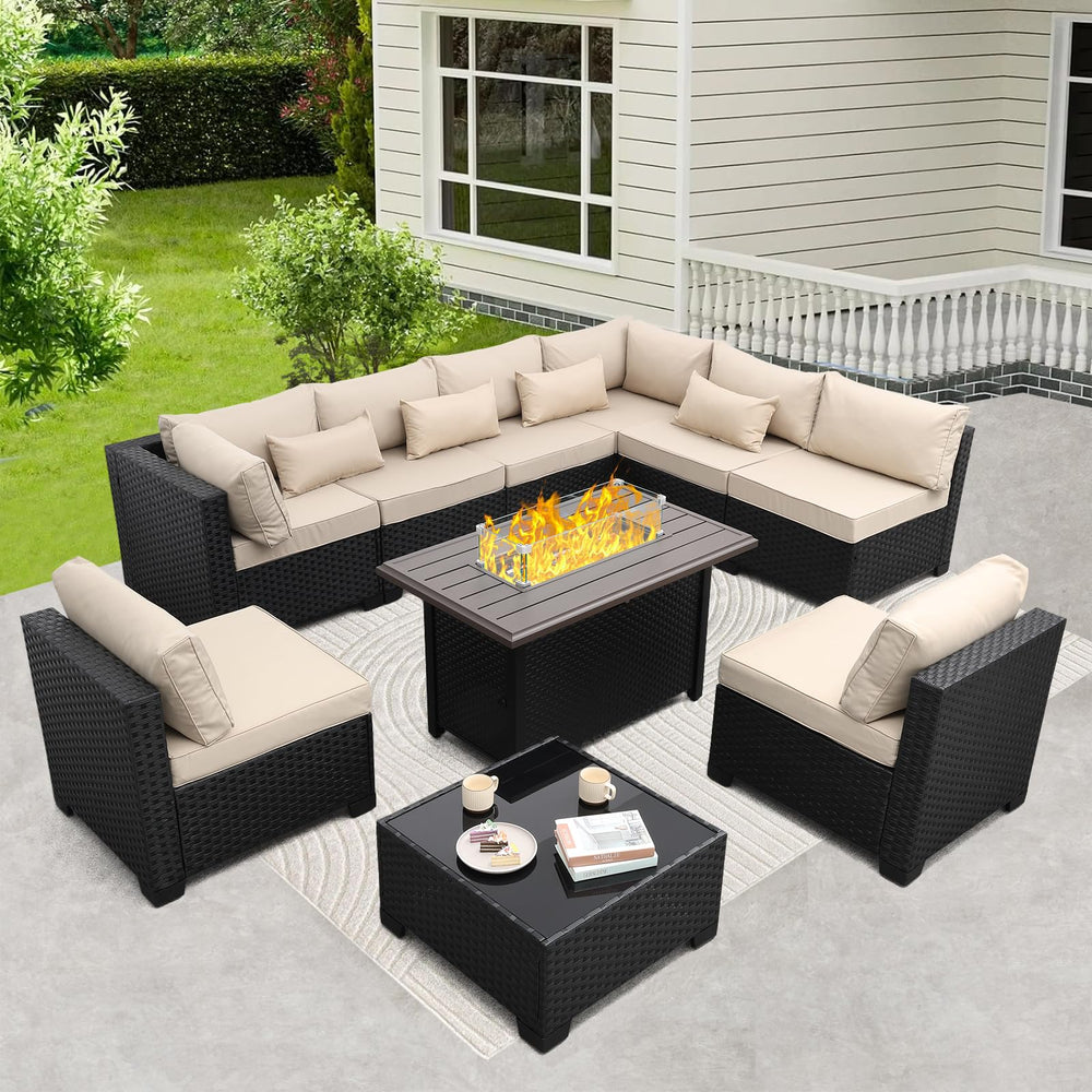 10-Piece Outdoor Wicker Patio Sectional Set with Fire Pit Table