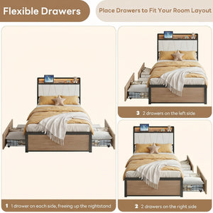 Twin XL Bed Frame with Storage Drawers, Charging Station & LED Lights