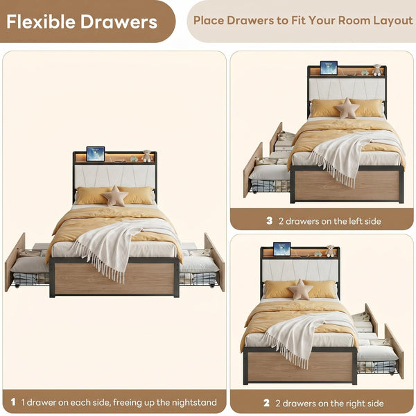 Twin XL Bed Frame with Storage Drawers, Charging Station & LED Lights