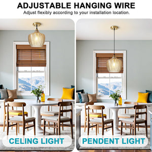 Amber Glass Pendant Light – Adjustable Gold Farmhouse Ceiling Fixture