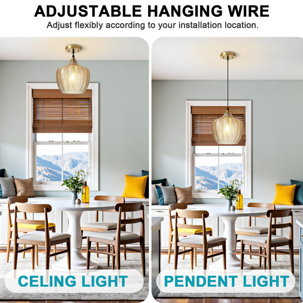 Amber Glass Pendant Light – Adjustable Gold Farmhouse Ceiling Fixture