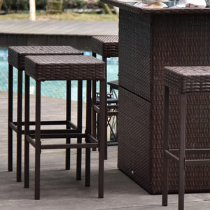 5-Piece Outdoor Rattan Wicker Bar Set with Glass Table & 4 Bar Stools