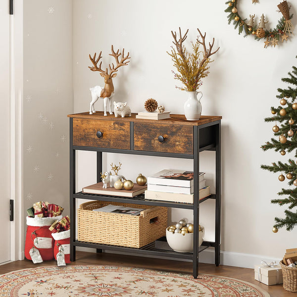Narrow Console Table with 2 Fabric Drawers & 3-Tier Storage Shelves