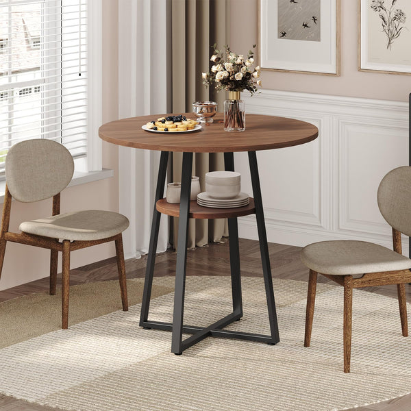 Round Dining Table with Storage Shelf, 31.5" Farmhouse Kitchen Table for 2-4