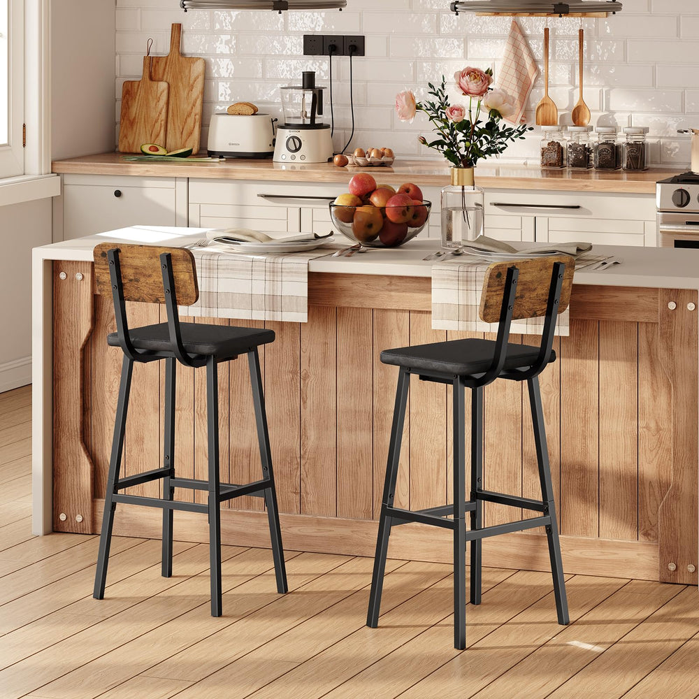 Bar Stools Set of 2 – PU Upholstered with Backrest & Footrest, Rustic Brown & Black