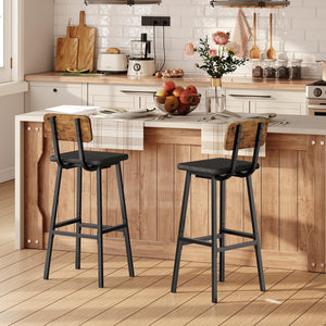 Bar Stools Set of 2 – PU Upholstered with Backrest & Footrest, Rustic Brown & Black