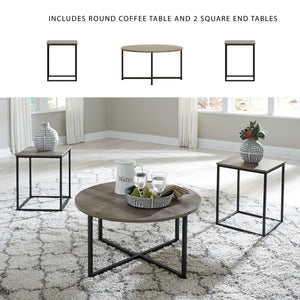 3-Piece Coffee & End Table Set – Round Top, Metal Frame, Wood Grain