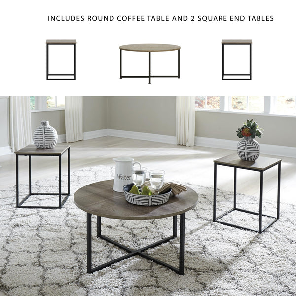 3-Piece Coffee & End Table Set – Round Top, Metal Frame, Wood Grain