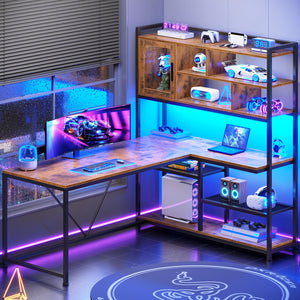 L-Shaped Computer Desk with LED Lights, Bookshelf & Storage Shelves