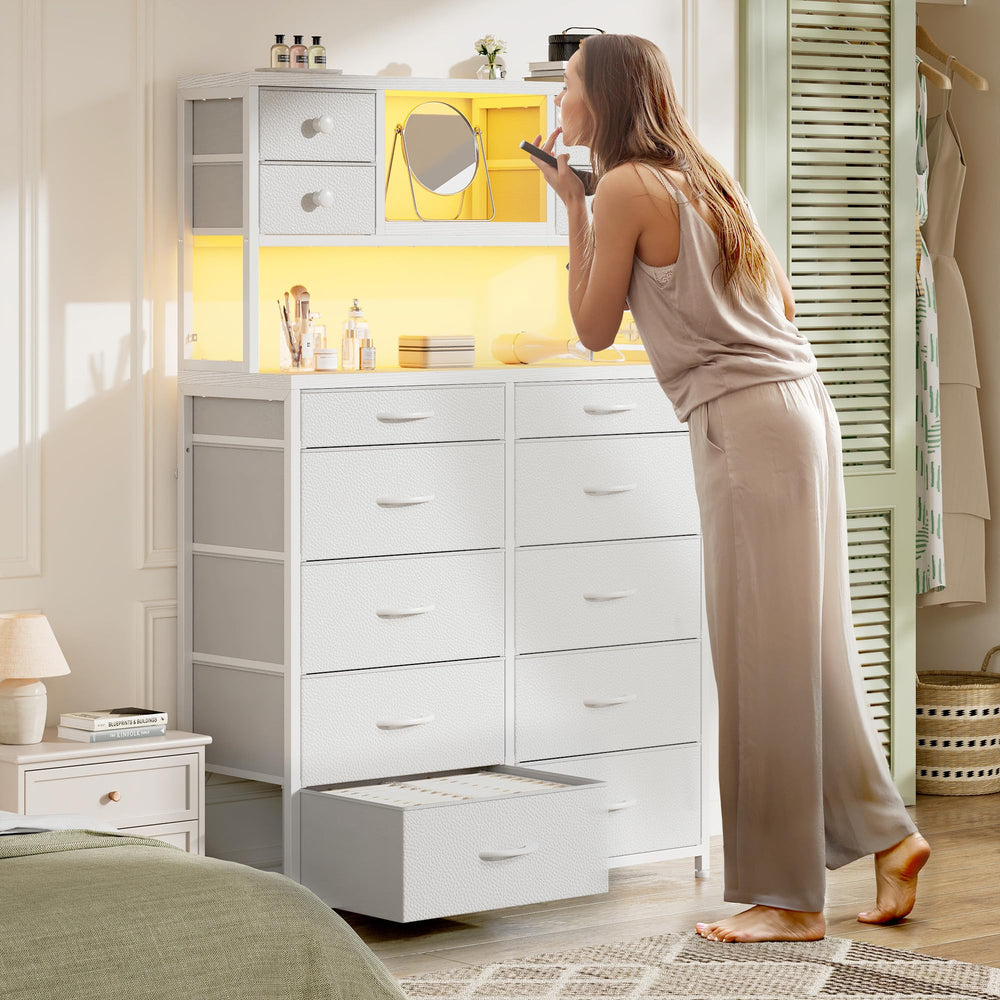 62.8" H Bedroom Dresser with 14 Fabric Drawers, LED Lights & Charging Station