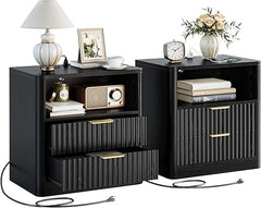 Fluted Nightstand Set of 2 with Charging Station, Drawers & Open Shelves