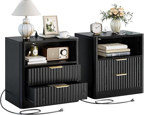 Fluted Nightstand Set of 2 with Charging Station, Drawers & Open Shelves