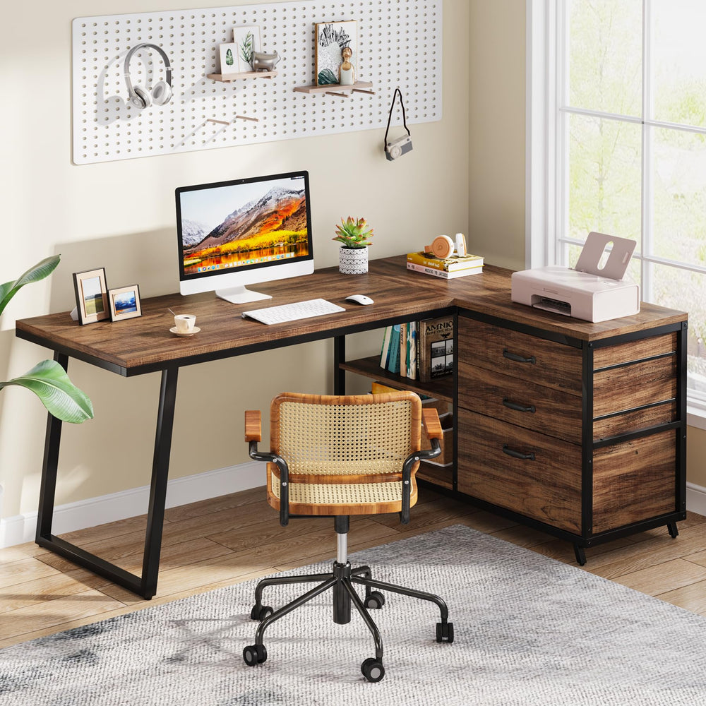 Reversible L-Shaped Computer Desk with Drawers & Shelves