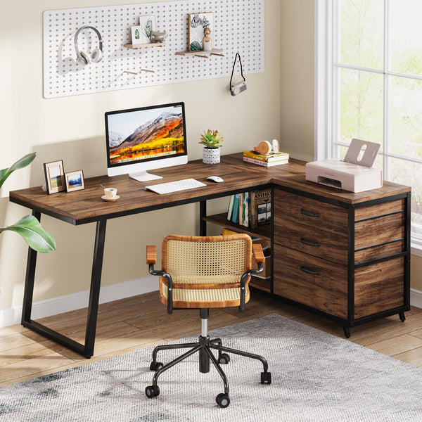 Reversible L-Shaped Computer Desk with Drawers & Shelves