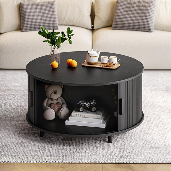 Round Coffee Table with Storage & 360° Sliding Door
