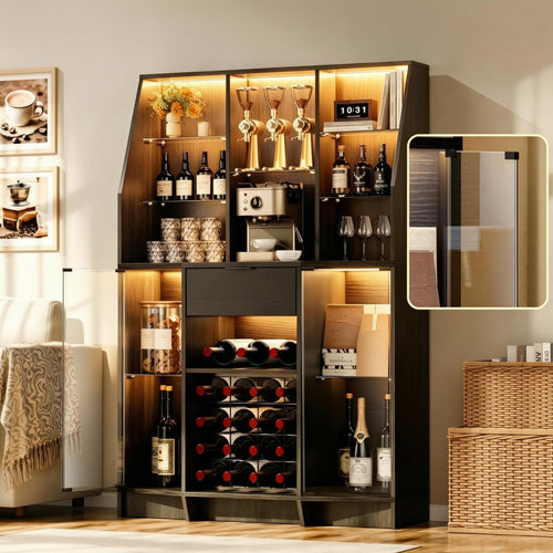 Wine Bar Cabinet with LED Lights & Glass Doors