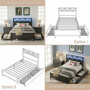 Twin Bed Frame with Storage Drawers, LED Lights & Charging Station