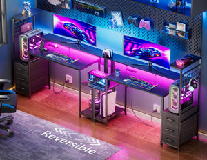 Gaming Desk with LED Lights, Power Outlets & Storage Drawers