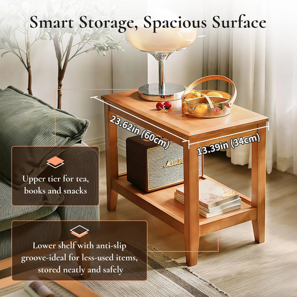 Solid Wood 2-Tier End Table with Storage Shelf