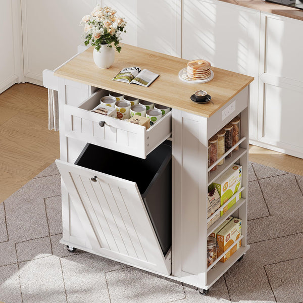 Kitchen Island with Trash Cabinet & Power Outlet