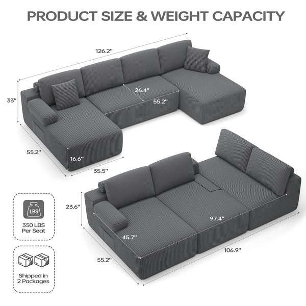 U-Shaped Modular Sectional Sofa Sleeper – Corduroy Deep Seat, 4-Seater