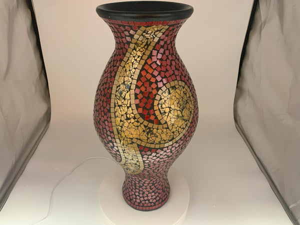 Mosaic Terracotta Floor Vase – 24 Inch Tall Cylinder, Ruby Red & Gold