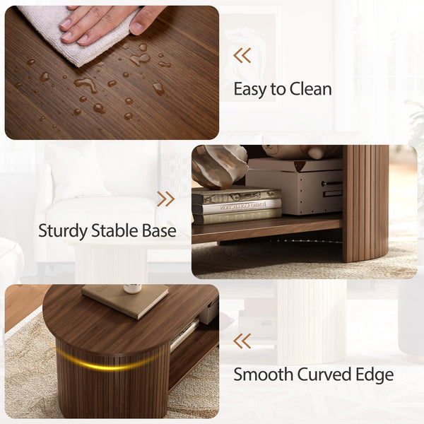 Oval Fluted Coffee Table with 2-Tier Storage