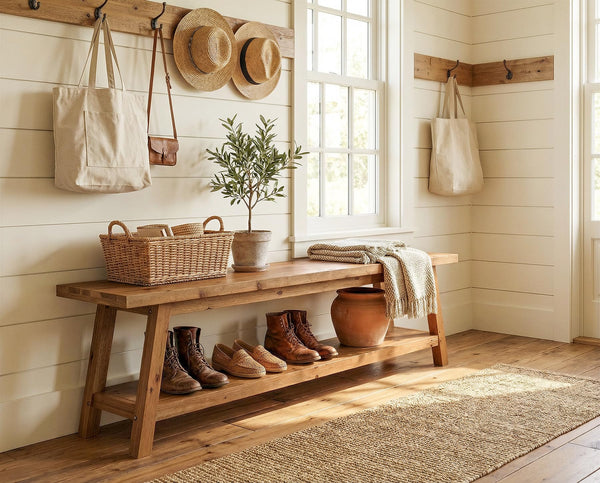 Solid Wood Entryway Bench with Shoe Storage Shelf