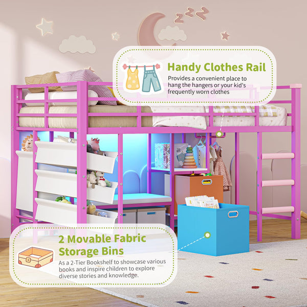 Twin Size Low Loft Bed with LED Lights, Bookshelf & Storage
