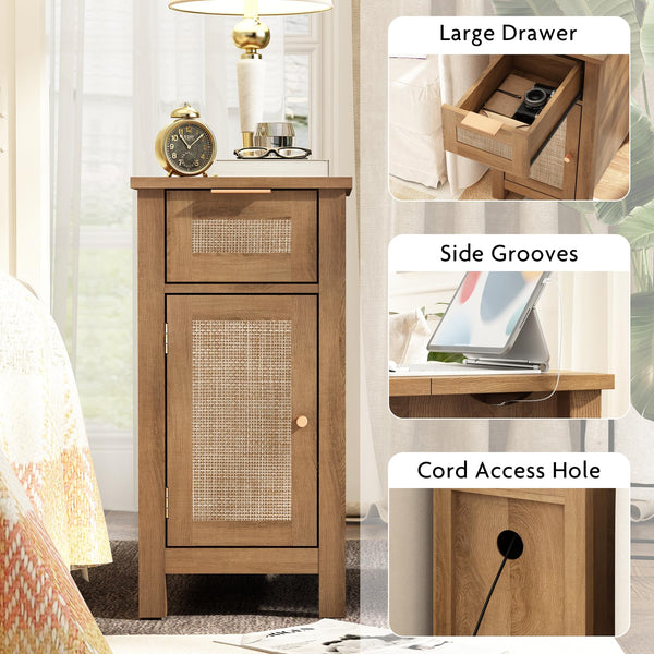 Narrow End Table with Charging Station – Midcentury Rattan Side Table with USB Ports & Storage
