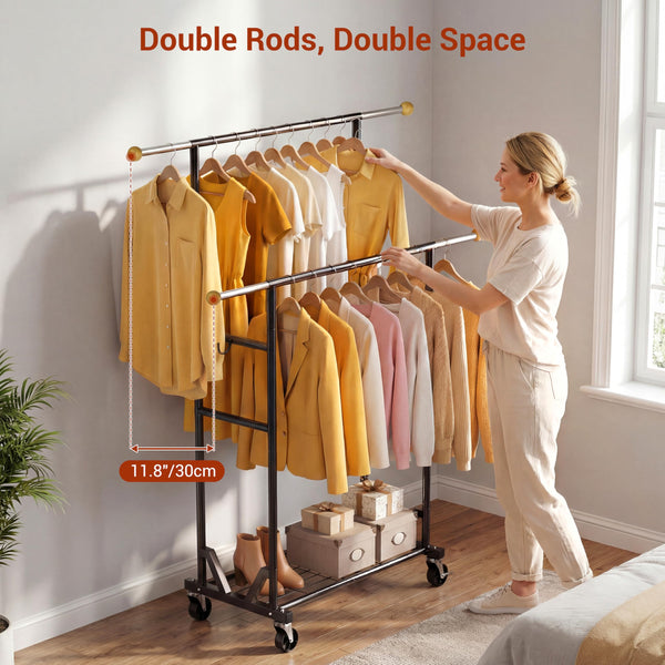 Rolling Garment Rack with Double Rod, Lockable Casters & Mesh Shelf