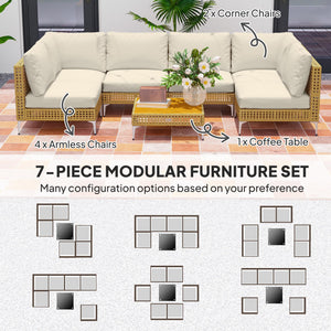 7-Piece Wicker Outdoor Sectional Patio Set with Cushions & Acacia Wood Table