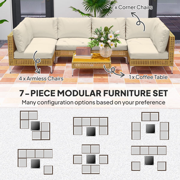 7-Piece Wicker Outdoor Sectional Patio Set with Cushions & Acacia Wood Table