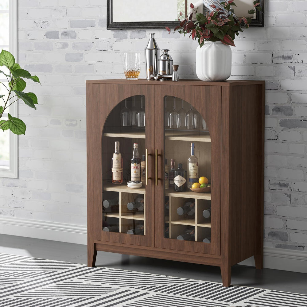 Wine Bar Cabinet with Glass Doors, Wine & Glass Rack, Mid-Century Modern Sideboard