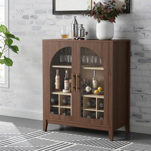 Wine Bar Cabinet with Glass Doors, Wine & Glass Rack, Mid-Century Modern Sideboard