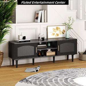 Fluted TV Stand with Rattan Doors, Wood Legs & Gold Handles