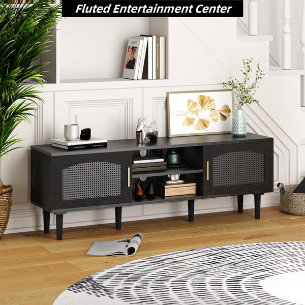 Fluted TV Stand with Rattan Doors, Wood Legs & Gold Handles