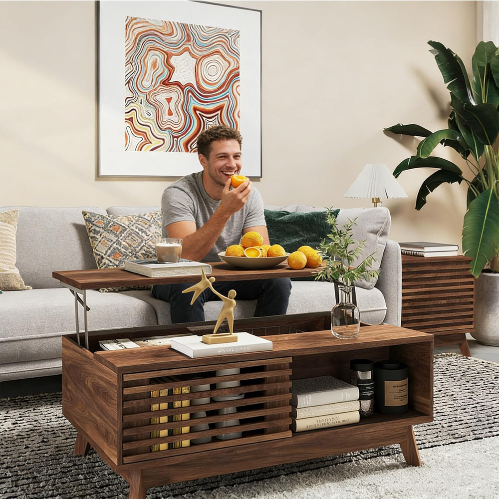 Lift Top Coffee Table with Storage & Sliding Door – Walnut Brown