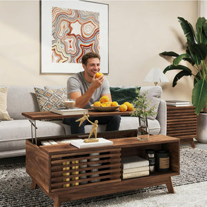 Lift Top Coffee Table with Storage & Sliding Door – Walnut Brown